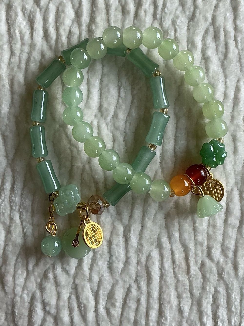 Aqua Beaded Stretch Bracelets with Gold accents - Cute Charms (Pair)
